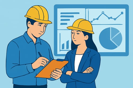 create a vector graphics image of a man standing on the left looking at a clipboard and a woman standing on the left both wearing hard hats have a das create a vector graphics image of a man standing on the left looking at a clipboard and a woman standing on the left both wearing hard hats have a das