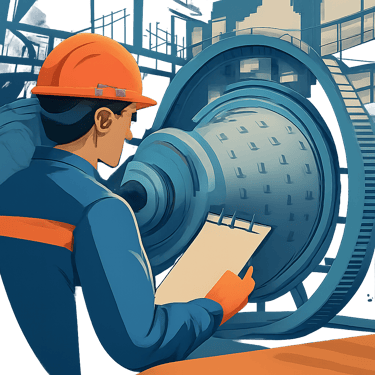 create a vector graphics image of a worker with hard hat inspecting a ball mill of a mining plant-1