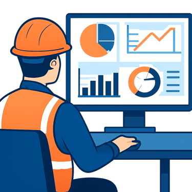 create a vector graphics image of a worker with hard hat inspecting sitting in front of a computer looking at dashboards-1