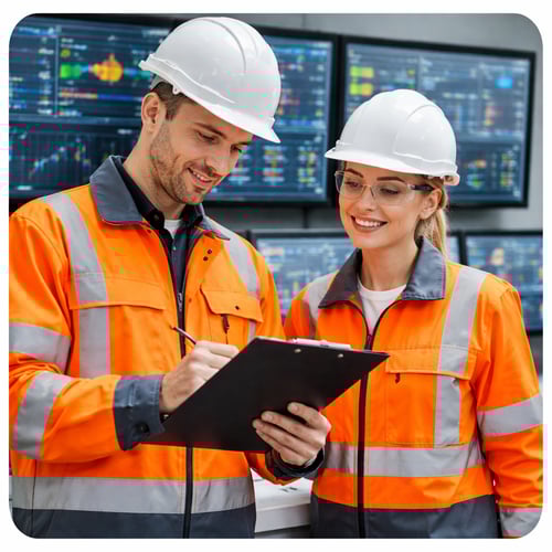 photographic create an image with a male wearing a hard hat and hiviz shirt orange he is reading a clipboard and located on the left include a female-1